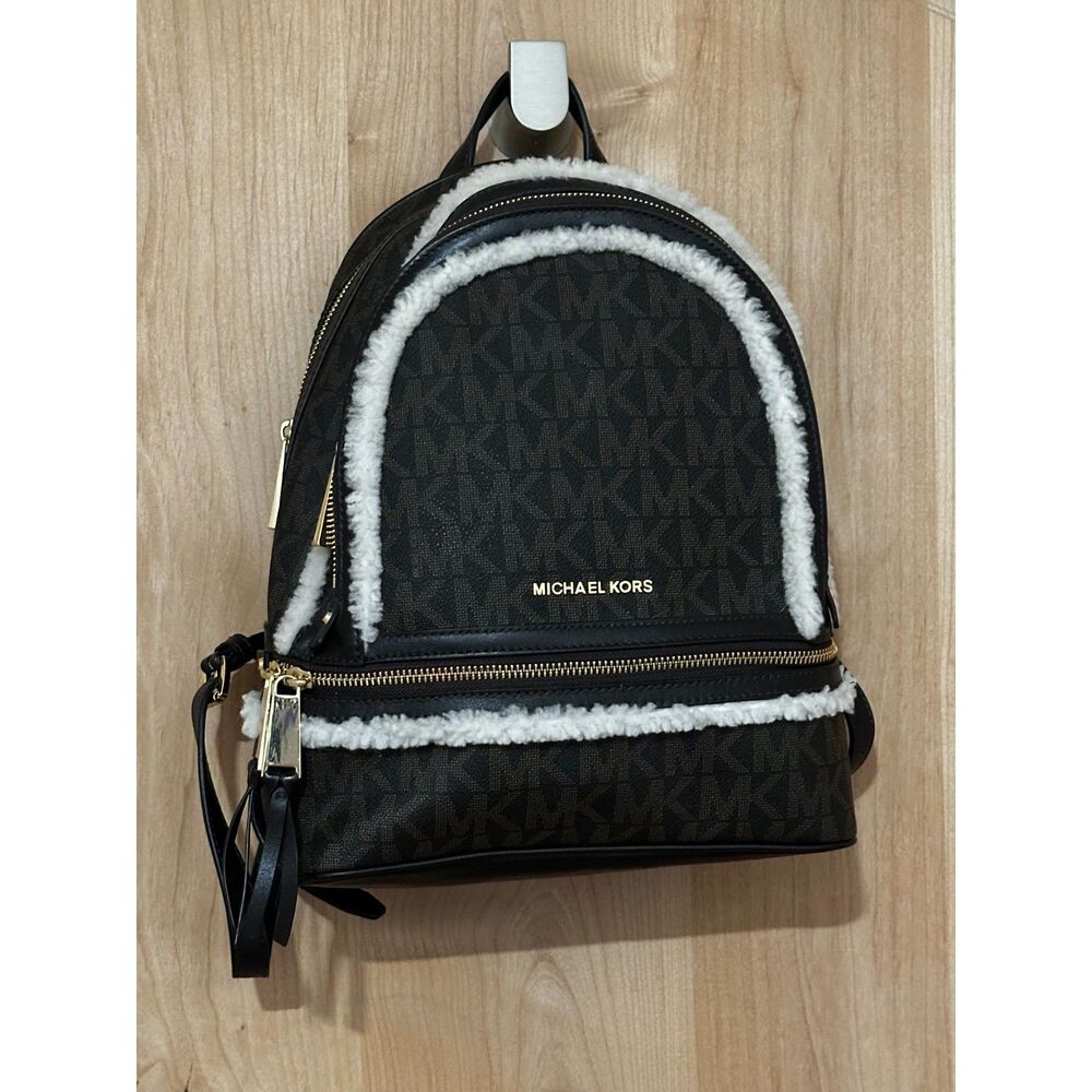 Michael Kors Rhea Logo Brown Medium Zip Up Fur Backpack  EUC